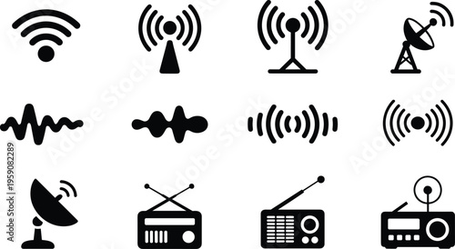 Wireless signal icons set, radio antenna and wifi symbol vector collection, communication technology silhouettes isolated on white background for network design and apps