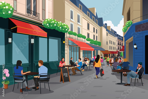 People Eating at Outdoor Restaurant or Cafe Vector Illustration