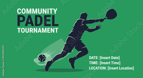 Dynamic Padel Tournament Announcement with Energetic Silhouette on Vibrant Green Background