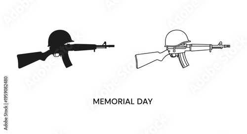Memorial Day, rifle icons, military symbols, black and white graphics, patriotic illustrations isolated on White Background