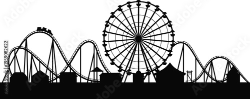 Amusement park silhouette vector illustration, ferris wheel and roller coaster carnival scene isolated on white background for entertainment, funfair, theme park, travel and leisure design use