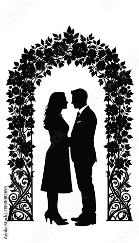 romantic couple silhouette standing face to face under detailed floral arch with decorative leaves and flowers isolated on transparent background ideal for wedding invitation romance and celebration.