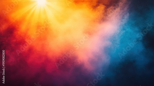 Vibrant colored smoke swirls with dramatic sun rays and light effects
