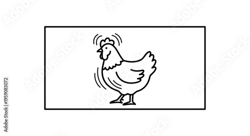 Hand-drawn chicken illustration with motion lines, simple line art farm animal