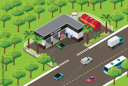 Isometric of an Oil Change Shop Vector Illustration