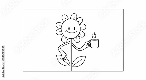 Happy Cartoon Sunflower Holding a Coffee Mug with Steam