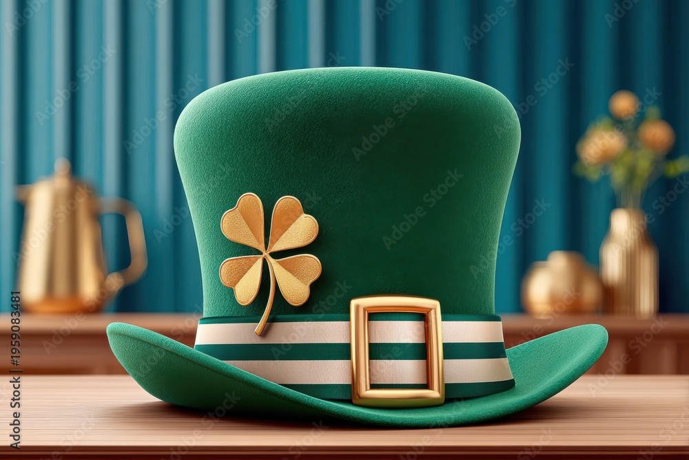 Naklejka premium Green leprechaun hat with four-leaf clover and gold buckle for St. Patrick's Day celebration