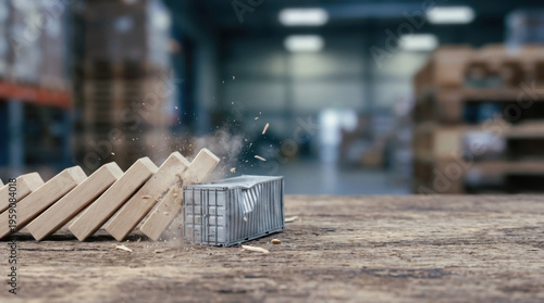 Supply chain disruption physical logistics transport gridlock concept as wooden block fall on cargo container on warehouse table with dust and debris flying in dramatic crisis scene