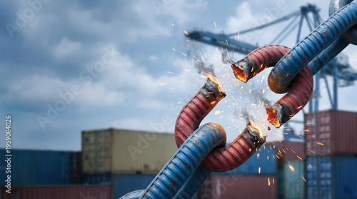 Supply chain disruption physical logistics transport gridlock concept as heavy metal link breaks with fiery spark and shipping container background under storm cloud
