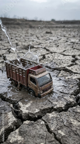 Supply chain disruption concept with physical logistics transport gridlock scene as toy truck splashes in cracked dry mud symbolizing drought stress and climate risk
