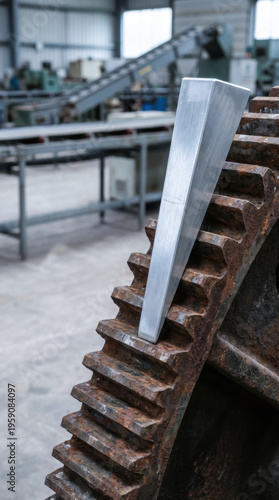 Industrial gear metal wedge supply chain disruption physical logistics transport gridlock factory machinery Large rusty industrial gear with shiny metal wedge symbolizing supply chain disruption