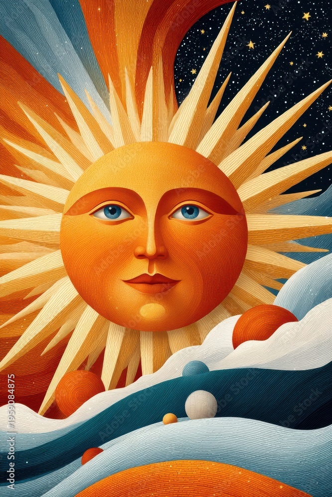 Fototapeta premium Radiant sun face illustration with celestial stars, warm sunrise colors and surreal cosmic landscape