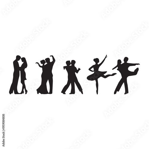  Romantic dance couples silhouettes elegant ballroom poses love movement vector illustration. 