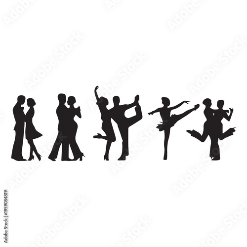  Romantic dance couples silhouettes elegant ballroom poses love movement vector illustration. 