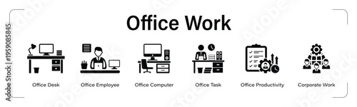 Office Work web banner black icon set. vector illustration concept with icon of Office Desk, Office Employee, Office Computer, Office Task, Office Productivity, Corporate Work.