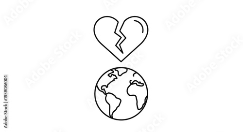 Broken Heart Over Planet Earth Icon, Symbolizing Global Heartbreak or Environmental Sadness