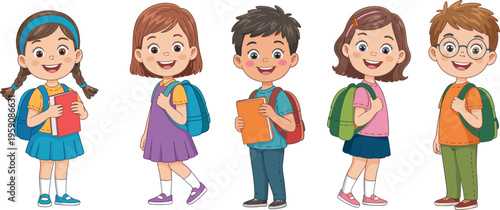 Cute school children characters with backpacks and books, happy kids cartoon illustration set