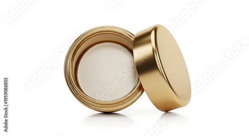 Golden ornate cosmetic jar with lid on white background, luxury beauty product, still life.
