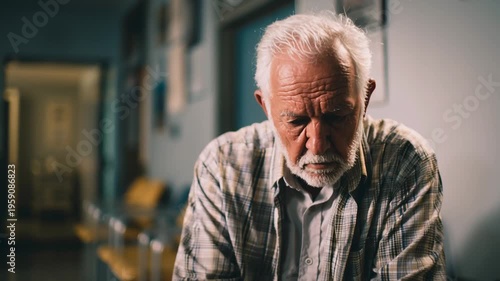 Reflection of Contemplation: An elderly individual, deeply immersed in introspection, sits alone in a softly lit, indoor setting. The image evokes a sense of solemnity and personal reflection.