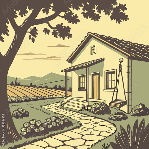 Charming Stone Cottage in Lush European Countryside Landscape Illustration