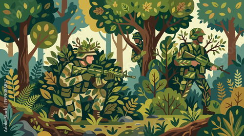 Detailed Vector Illustration Showcasing Diverse Trees, Verdant Foliage, and Tranquil Natural Atmosphere in a Serene Green Landscape