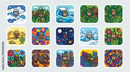 Playful educational illustration presenting twelve square icons that feature a bear, mountain, water, tree, and cityscape, arranged on a light blue background, captured from a child’s eye view