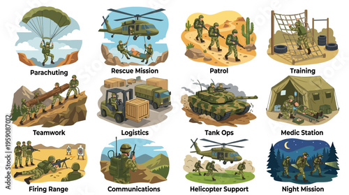 Overhead view of military training illustration showing twelve icons for parachuting, stealth, patrol, dueling, teamwork, logistics, tank, medical, range, communications, air support, night mission