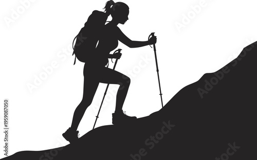 Black silhouette of hiker climbing uphill with backpack and trekking poles, outdoor adventure sport illustration representing hiking and exploration