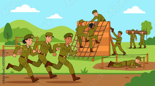 Vibrant cartoon illustration of soldiers in uniforms and caps, climbing obstacles and marching on a training field with dirt paths, grassy hills and blue sky, seen from an energetic viewpoint
