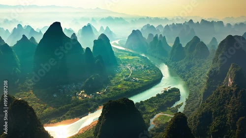 Spectacular aerial view of the Li River winding through dramatic karst mountains in Guilin, China