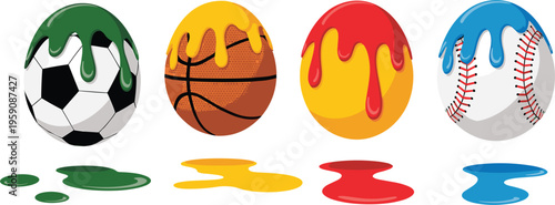 Sports balls with dripping paint effect, creative colorful design soccer basketball baseball illustration set