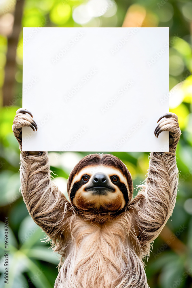 Fototapeta premium ホワイトボードを持って告知するナマケモノ | A sloth making an announcement with a whiteboard Generative AI