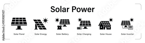 Solar Power web banner black icon set. vector illustration concept with icon of Solar Panel, Solar Energy, Solar Battery, Solar Charging, Solar House, Solar Inverter.