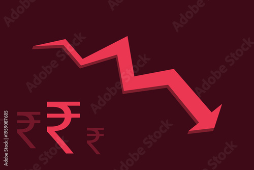 Indian Rupee Falling with Red Arrow and Currency Symbol Vector Illustration