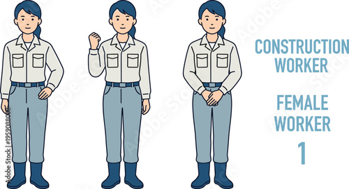 Professional female construction worker vector illustrations, showcasing diverse poses including greeting, strong stance, and ready position for industrial themes