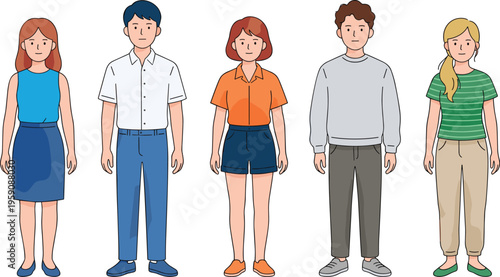 A diverse group of five young adults standing together, showcasing individuality and modern casual fashion in a vibrant flat design illustration on a clean white background