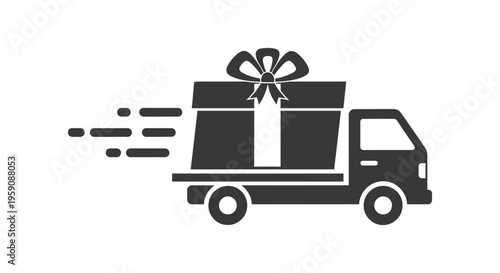 Express delivery truck illustration transporting a festive gift box quickly, symbolizing fast shipping services.