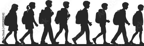 Silhouette of students walking with backpacks, education concept illustration, school commute routine, youth learning journey, academic lifestyle design