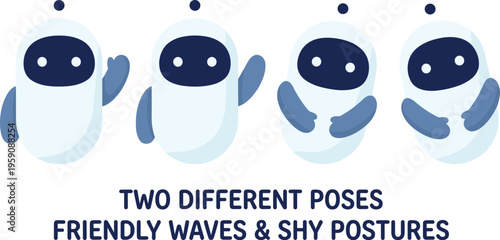 Cute AI assistant characters in a vector illustration, depicting friendly open waves and introverted, modest, shy postures, ideal for digital communication designs
