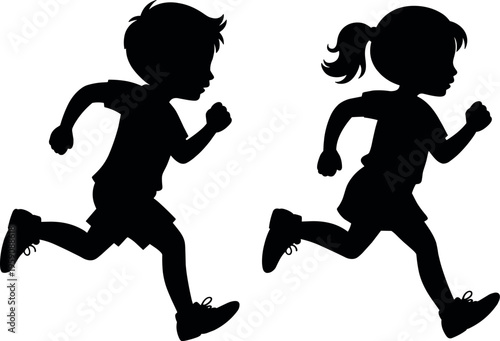 Silhouette of boy and girl running fast in action representing childhood energy, active lifestyle, sport, playfulness, movement, and youthful freedom