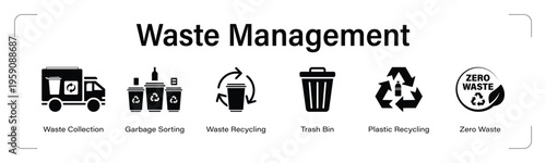 Waste Management web banner black icon set. vector illustration concept with icon of Waste Collection, Garbage Sorting, Waste Recycling, Trash Bin, Plastic Recycling, Zero Waste.