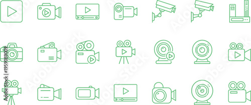 Video camera and surveillance technology outline icon set for media production streaming security systems applications and websites