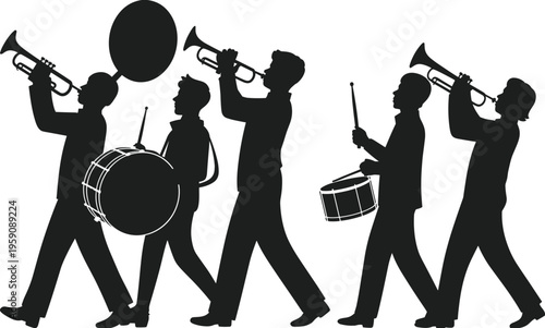 Φωτογραφία Silhouette marching band musicians playing trumpet, sousaphone, and snare drum i