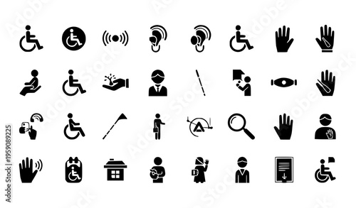 A collection of black and white accessibility icons on a plain white background representing various disabilities and communication symbols