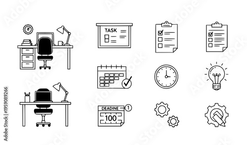 A set of minimalist office and productivity icons in a flat design style on a white background