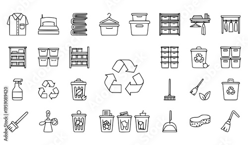 A set of line art illustrations depicting various cleaning and recycling icons on a white background