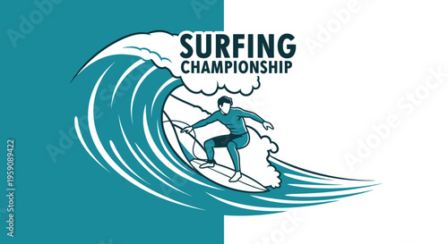 Dynamic Surfing Championship Emblem Featuring Athlete Riding Massive Wave