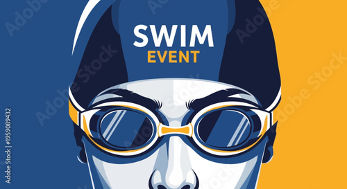 Dynamic Swim Event Graphic Featuring Determined Swimmer In Goggles