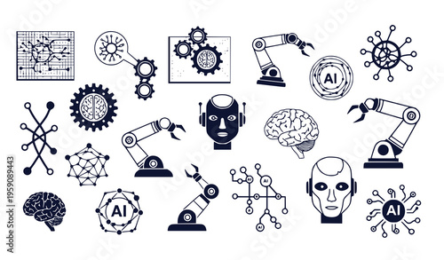 A vector graphic illustration of various artificial intelligence and robotics icons including gears robots brains and AI symbols in a flat minimal design style on a white background