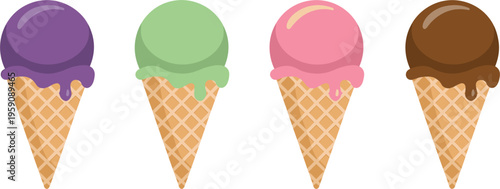 Colorful ice cream cones collection with different flavors, sweet dessert cartoon vector illustration set